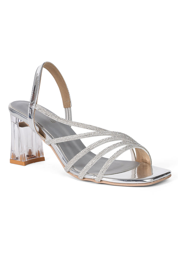SOLES Strappy Rhinestone Transparent Heeled Sandals